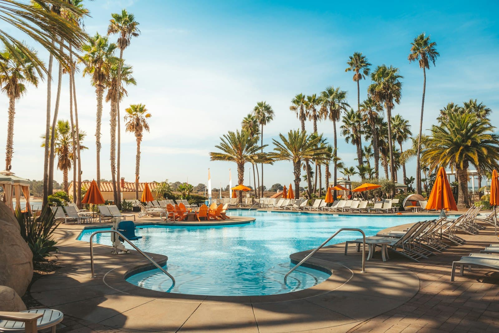 A resort swimming pool surrounded by palm trees and lounge chairs